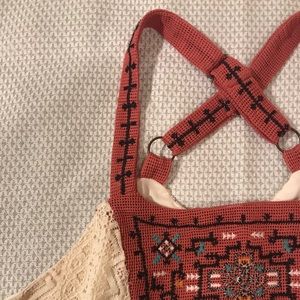 Cream and Red-Orange Embroidered Detail Top